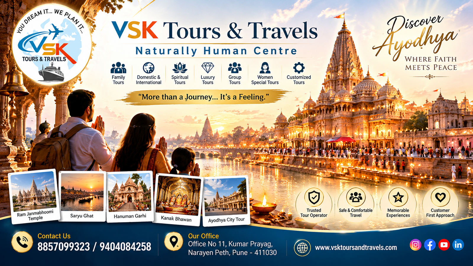 Explore Ayodhya with VSK Tours & Travels. Discover Shri Ram Janmabhoomi Mandir, Hanuman Garhi, Kanak Bhawan and Saryu Ghats. Enquire for customized tours from Pune.